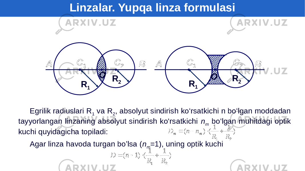 Egrilik radiuslari R 1 va R 2 , absolyut sindirish ko‘rsatkichi n bo‘lgan moddadan tayyorlangan linzaning absolyut sindirish ko‘rsatkichi n m bo‘lgan muhitdagi optik kuchi quyidagicha topiladi: Agar linza havoda turgan bo’lsa ( n m =1), uning optik kuchiС 1 С 2 ВА ОО ВА С 1 С 2 R 1 R 2 R 1 R 2Linzalar. Yupqa linza formulasi) 1 1 ( ) ( 2 1 R R n n D m m     ) 1 1 ( )1 ( 2 1 R R n D     