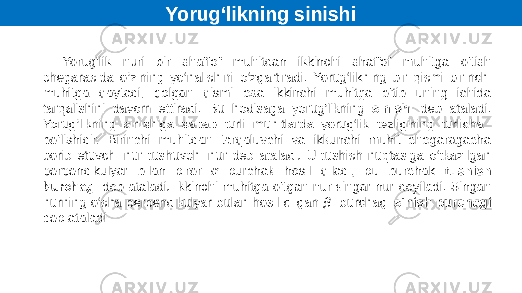 Yorug‘likning sinishi Yorug’lik nuri bir shaffof muhitdan ikkinchi shaffof muhitga o‘tish chegarasida o‘zining yo‘nalishini o‘zgartiradi. Yorug‘likning bir qismi birinchi muhitga qaytadi, qolgan qismi esa ikkinchi muhitga o‘tib uning ichida tarqalishini davom ettiradi. Bu hodisaga yorug‘likning sinishi deb ataladi. Yorug‘likning sinishiga sabab turli muhitlarda yorug‘lik tezligining turlicha bo‘lishidir. Birinchi muhitdan tarqaluvchi va ikkunchi muhit chegaragacha borib etuvchi nur tushuvchi nur deb ataladi. U tushish nuqtasiga o‘tkazilgan perpendikulyar bilan biror α burchak hosil qiladi, bu burchak tushish burchagi deb ataladi. Ikkinchi muhitga o‘tgan nur singar nur deyiladi. Singan nurning o‘sha perpendikulyar bulan hosil qilgan β burchagi sinish burchagi deb ataladi 