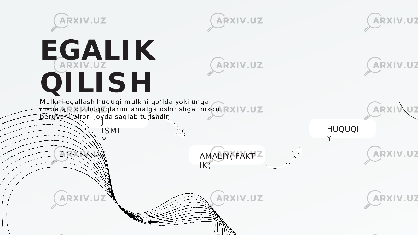 J I S M I Y A M A L I Y ( F A K T I K ) H U Q U Q I YE G A L I K Q I L I S H M u l k n i e g a l l a s h h u q u q i m u l k n i q o ‘ l d a y o k i u n g a n i s b a t a n o ‘ z h u q u q l a r i n i a m a l g a o s h i r i s h g a i m k o n b e r u v c h i b i ro r j o yd a s a q l a b turishdir. 