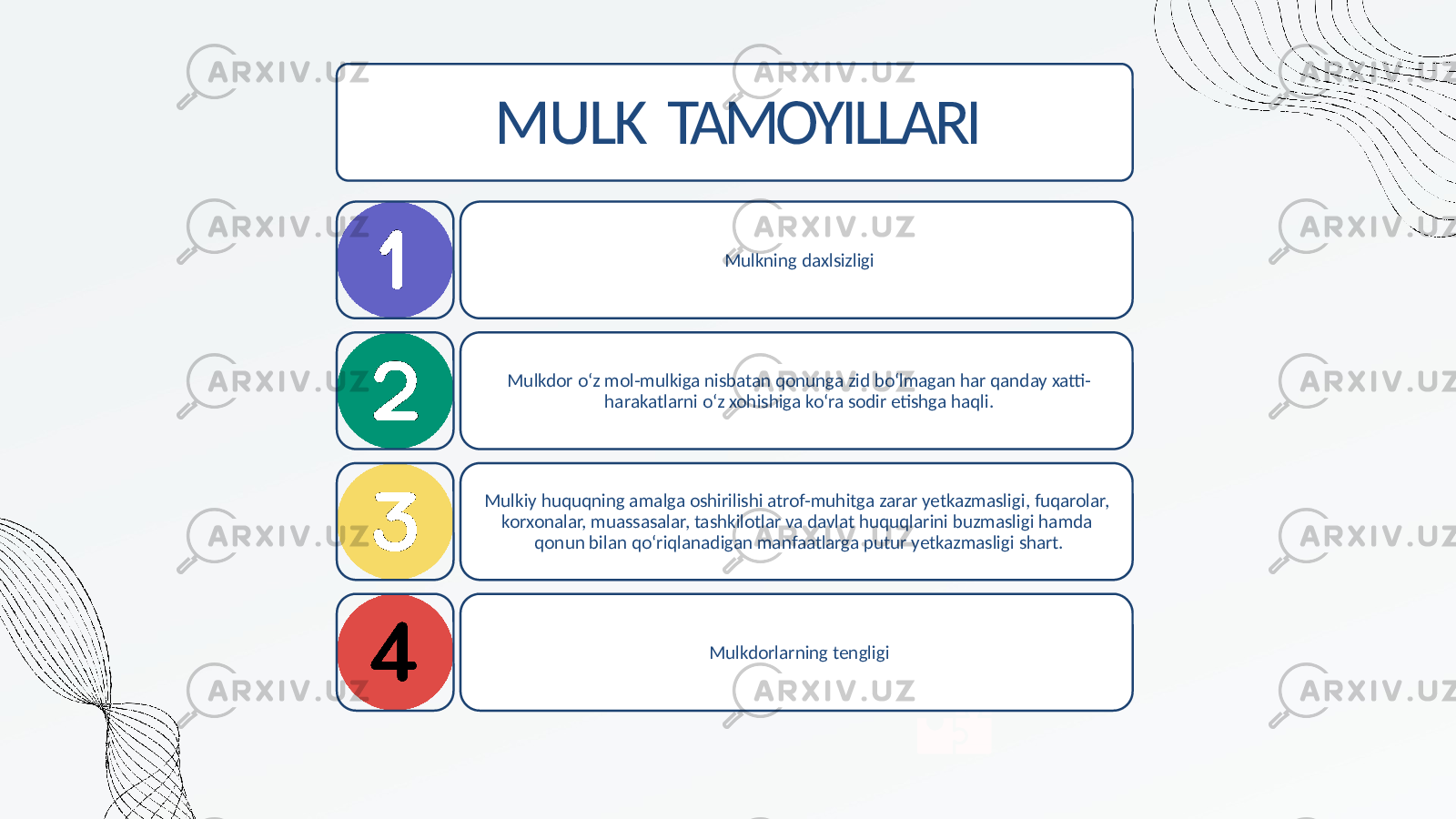 MULK TAMOYILLARI Mulkning daxlsizligi Mulkdor o‘z mol-mulkiga nisbatan qonunga zid bo‘lmagan har qanday xatti- harakatlarni o‘z xohishiga ko‘ra sodir etishga haqli. Mulkiy huquqning amalga oshirilishi atrof-muhitga zarar yetkazmasligi, fuqarolar, korxonalar, muassasalar, tashkilotlar va davlat huquqlarini buzmasligi hamda qonun bilan qo‘riqlanadigan manfaatlarga putur yetkazmasligi shart. Mulkdorlarning tengligi 