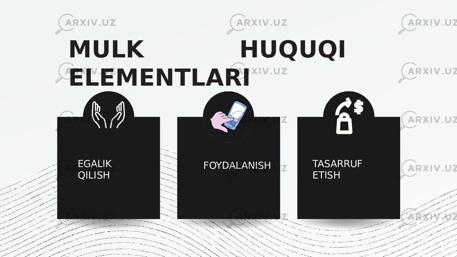 MULK HUQUQI ELEMENTLARI EGALIK QILISH FOYDALANISH TASARRUF ETISH 