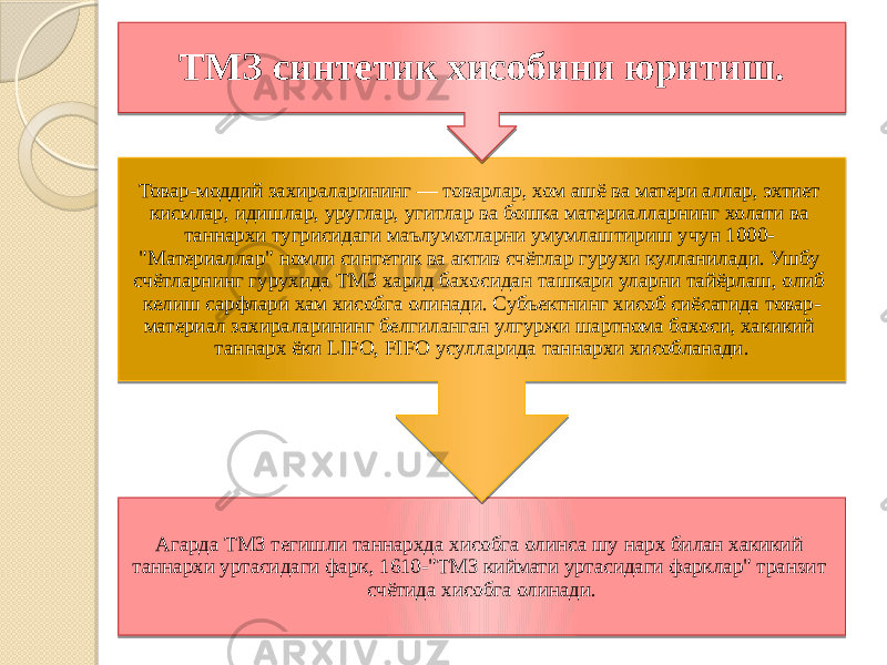 Агарда ТМЗ тегишли таннархда хисобга олинса шу нарх билан хакикий таннархи уртасидаги фарк, 1610-&#34;ТМЗ киймати уртасидаги фарклар&#34; транзит счётида хисобга олинади. Товар-моддий захираларининг — товарлар, хом ашё ва матери аллар, эхтиет кисмлар, идишлар, уруглар, угитлар ва бошка материалларнинг холати ва таннархи тугрисидаги маълумотларни умумлаштириш учун 1000- &#34;Материаллар&#34; номли синтетик ва актив счётлар гyрухи кулланилади. Ушбу счётларнинг гурухида ТМЗ харид бахосидан ташкари уларни тайёрлаш, олиб келиш сарфлари хам хисобга олинади. Субъектнинг хисоб сиёсатида товар- материал захираларининг белгиланган улгуржи шартнома бахоси, хакикий таннарх ёки LIFO, FIFO усулларида таннархи хисобланади. ТМЗ синтетик хисобини юритиш. 38 03 11 30 1B 03 3C 11 1B 18 03 0D 