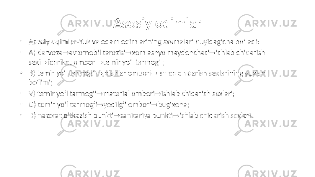 Asosiy oqimlar • Asosiy oqimlar- Yuk va odam oqimlarining sxemalari quyidagicha bo‘ladi: • A) darvoza  avtomobil tarozisi  xom ashyo maydonchasi  ishlab chiqarish sexi  fabrikat ombori  temir yo‘l tarmog‘i; • B) temir yo‘l tarmog‘i  idishlar ombori  ishlab chiqarish sexlarining yuvish bo‘limi; • V) temir yo‘l tarmog‘i  material ombori  ishlab chiqarish sexlari; • G) temir yo‘l tarmog‘i  yoqilg‘i ombori  bug‘xona; • D) nazorat o‘tkazish punkti  sanitariya punkti  ishlab chiqarish sexlari. 