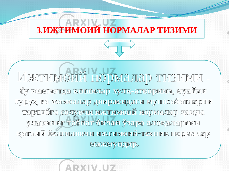 3.ИЖТИМОИЙ НОРМАЛАР ТИЗИМИ Ижтимоий нормалар тизими - бу жамиятда кишилар хулқ-атворини, муайян гуруҳ ва жамоалар доирасидаги муносабат ларни тартибга солувчи ижтимоий нормалар ҳамда уларнинг табиат билан ўзаро алоқаларини қатъий белгиловчи иж тимоий-техник нормалар мажмуидир. 241401 261D0607040207 2F 1F 281B07201E 16 1B 2E 0716 18 