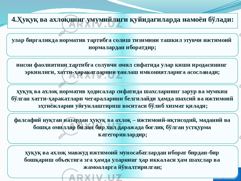 4.Ҳуқуқ ва ахлоқнинг умумийлиги қуйидагиларда намоён бўлади: инсон фаолиятини тартибга солувчи омил сифа тида улар киши иродасининг эркинлиги, хатти-ҳаракатларини тан лаш имкониятларига асосланади; ҳуқуқ ва ахлоқ норматив ҳодисалар сифатида шахсларнинг зарур ва мумкин бўлган хатти-ҳаракатлари чегарала рини белгилайди ҳамда шахсий ва ижтимоий эҳтиёжларни уйғунлашти риш воситаси бўлиб хизмат қилади;улар биргаликда норматив тартибга солиш тизи мини ташкил этувчи ижтимоий нормалардан иборатдир; ҳуқуқ ва ахлоқ мавжуд ижтимоий муносабат лардан иборат бирдан-бир бошқариш объектига эга ҳамда уларнинг ҳар иккаласи ҳам шахслар ва жамоаларга йўналтирилган;фалсафий нуқтаи назардан ҳуқуқ ва ахлоқ – ижтимоий-иқтисодий, маданий ва бошқа омиллар билан бир хил даражада боғлиқ бўлган устқурма категориялардир;3814101B2E 170716 49212B 07201E2207 341B2E 1F392028072117 493416 0721 1B0718 1C 341B2E07201E21 1F 15 30 1F 2B 