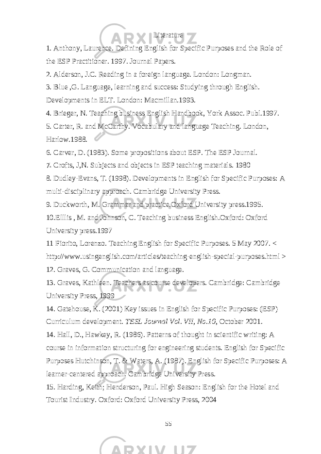 Literature 1. Anthony, Laurence. Defining English for Specific Purposes and the Role of the ESP Practitioner. 1997. Journal Papers. 2. Alderson, J.C. Reading in a foreign language. London: Longman. 3. Blue ,G. Language, learning and success: Studying through English. Developments in ELT. London: Macmillan.1993. 4. Brieger, N. Teaching business English Handbook, York Assoc. Publ.1997. 5. Carter, R. and McCarthy. Vocabulary and language Teaching. London, Harlow.1988. 6. Carver, D. (1983). Some propositions about ESP. The ESP Journal . 7. Crofts, J,N. Subjects and objects in ESP teaching materials. 1980 8. Dudley-Evans, T. (1998). Developments in English for Specific Purposes: A multi-disciplinary approach. Cambridge University Press. 9. Duckworth, M. Grammar and practice.Oxford University press.1995. 10.Elllis , M. and Johnson, C. Teaching business English.Oxford: Oxford University press.1997 11 Fiorito, Lorenzo. Teaching English for Specific Purposes. 5 May 2007. < http://www.usingenglish.com/articles/teaching-english-special-purposes.html > 12. Graves, G. Communication and language. 13. Graves, Kathleen. Teachers as course developers. Cambridge: Cambridge University Press, 1999 14. Gatehouse, K. (2001) Key issues in English for Specific Purposes: (ESP) Curriculum development. TESL Journal Vol. VII, No.10 , October 2001. 14. Hall, D., Hawkey, R. (1986). Patterns of thought in scientific writing: A course in information structuring for engineering students. English for Specific Purposes Hutchinson, T. & Waters, A. (1987). English for Specific Purposes: A learner-centered approach. Cambridge University Press. 15. Harding, Keith; Henderson, Paul. High Season: English for the Hotel and Tourist Industry. Oxford: Oxford University Press, 2004 55 
