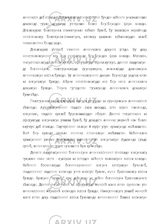 личинкаси деб аталади. Диплеврула личинкасининг бундан кейинги ривожланиши давомида турли даражада узгариши билан бир-биридан фарк килади. Диплеврула билатериал симметрияли хайвон булиб, бу эволюция жараёнида нинатанлилар билатериал-симметрик, метамер целомли хайвонлардан келиб чикканлигини билдиради. Диплеврула узгариб иккинчи личинкалик даврига утади. Бу давр нинатанлиларнинг хар хил синфларида бир-биридан фарк килади. Масалан, типратиканларда эхиноплутеус, офиурларда офиоплутеус, денгиз юлдузлари- да бипиннария, голотурияларда аурикулярия, лилияларда долиолярия личинкалари хосил булади. Бу личинкаларнинг деярли барчасида радиал кисм ва киприклари булади. Айрим нинатанлиларда яна бир неча личинкалик даврлари булади. Тирик тугадиган турларида личинкалик даврлари булмайди. Голотурияларда диплеврула камрок узгаради ва аурикулярия личинкасига айланади. Аурикуляриянинг гавдаси овал шаклда, огзи корин томонида, киприкли, гавдаси куплаб бурилишлардан иборат. Денгиз типратикани ва офиурларда киприклари ухшаш булиб, бу даврдаги личинка умумий ном билан плутеус деб аталади. Плутеуснинг иплари 4 жуфт узун кулларида жойлашган. Х я> бир кулида охакли ингичка игначалари жойлашган. Кейинчалик кулларининг улчами узунлашади, шунинг учун киприклари ёрдамида сувда сузиб, личинканинг сувга чукишига йул куймайди. Денпгз юлдузларининг бипиннария личинкасининг огизолди киприклар туплами икки четга - преорал ва огиздан кейинги халкаларни хосил килади. Кейинги боскичларда бипиннариянинг киприк каторлари букилиб, гавдасининг олдинги кисмида учта махсус булим, яъни брахиолалар хосил булади. Буларни “куллар” хам дейилади ва кейин бипиннария брахиолярияга айланади. Денгиз типратикани ва офиурларда жинсий вояга етган организм узи личинкасининг марказий кисмидан хосил булади. Немертинларга ухшаб жинсий вояга етган давр гавдасининг хосил булишида личинканинг бошка кисмлари 