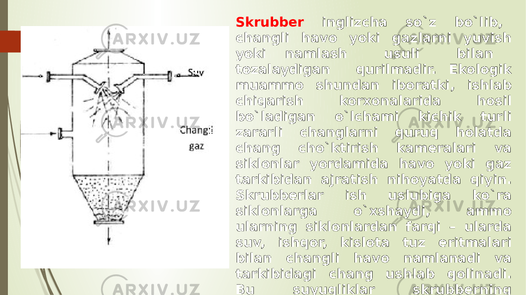 Skrubber inglizcha so`z bo`lib, changli havo yoki gazlarni yuvish yoki namlash usuli bilan tozalaydigan qurilmadir. Ekologik muammo shundan iboratki, ishlab chiqarish korxonalarida hosil bo`ladigan o`lchami kichik turli zararli changlarni quruq holatda chang cho`ktirish kameralari va siklonlar yordamida havo yoki gaz tarkibidan ajratish nihoyatda qiyin. Skrubberlar ish uslubiga ko`ra siklonlarga o`xshaydi, ammo ularning siklonlardan farqi – ularda suv, ishqor, kislota tuz eritmalari bilan changli havo namlanadi va tarkibidagi chang ushlab qolinadi. Bu suyuqliklar skrubberning korroziya (yemirilish)ga uchratib, ishdan chiqishiga sabab bo`ladi. 