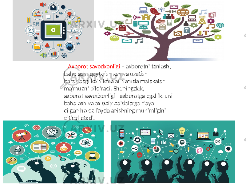  Axborot savodxonligi – axborotni tanlash, baholash, qayta ishlash va uzatish borasidagi ko‘nikmalar hamda malakalar majmuani bildiradi. Shuningdek, axborot savodxonligi - axborotga egallik, uni baholash va axloqiy qoidalarga rioya qilgan holda foydalanishning muhimligini e’tirof etadi. 