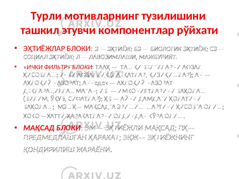 Турли мотивларнинг тузилишини ташкил этувчи компонентлар рўйхати • ЭҲТИЁЖЛАР БЛОКИ : Э — ЭҲТИЁЖ; БЭ — БИОЛОГИК ЭҲТИЁЖ; СЭ — СОЦИАЛ ЭҲТИЁЖ; Л — ЛАВОЗИМЛАШИ, МАЖБУРИЯТ. • «ИЧКИ ФИЛЬТР» БЛОКИ : ТААҲ — ТАШҚИ БЕЛГИЛАРНИ АФЗАЛ ҲИСОБЛАШ; ИЧКИ АФЗАЛЛИК (ЛАЁҚАТЛАР, ҚИЗИҚИШЛАР); АН — АХЛОҚИЙ НАЗОРАТ; АННедек — АХЛОҚИЙ НАЗОРАТ ДЕКЛАРАЦИЯЛАШМАГАН; ИБ — ИМКОНИЯТЛАРИНИ БАҲОЛАШ (БИЛИМ, ЎҚУВ, СИФАТЛАР); ҲБ — АЙНИ ДАМДАГИ ҲОЛАТИНИ БАҲОЛАШ; МЭШҲ— МАҚСАДГА ЭРИШИШ ШАРТИНИ ҲИСОБГА ОЛИШ; ХОКО —ХАТТИ-ҲАРАКАТЛАРНИ ОЛДИНДАН КЎРА ОЛИШ . • МАҚСАД БЛОКИ : ЭМ— ЭҲТИЁЖЛИ МАҚСАД; ПҲ— ПРЕДМЕДЛАШГАН ҲАРАКАТ; ЭҚЖ— ЭҲТИЁЖНИНГ ҚОНДИРИЛИШ ЖАРАЁНИ . 