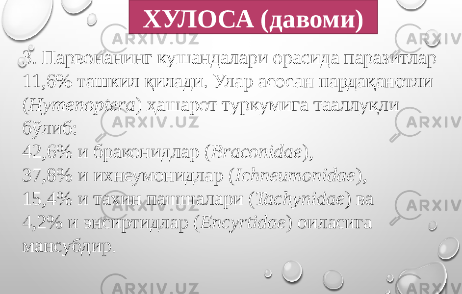 ХУЛОСА (давоми) 3. Парвонанинг кушандалари орасида паразитлар 11,6% ташкил қилади. Улар асосан пардақанотли ( Hymenoptera ) ҳашарот туркумига тааллуқли бўлиб: 42,6% и браконидлар ( Braconidae ), 37,8% и ихнеумонидлар ( Ichneumonidae ), 15,4% и тахин пашшалари ( Tachynidae ) ва 4,2% и энсиртидлар ( Encyrtidae ) оиласига мансубдир. 