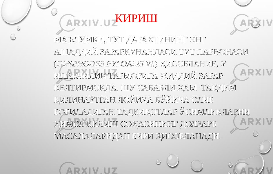 КИРИШ МАЪЛУМКИ, ТУТ ДАРАХТИНИНГ ЭНГ АШАДДИЙ ЗАРАРКУНАНДАСИ ТУТ ПАРВОНАСИ (G LYPHODES PYLOALIS W.) ҲИСОБЛАНИБ, У ИПАКЧИЛИК ТАРМОҒИГА ЖИДДИЙ ЗАРАР КЕЛТИРМОҚДА. ШУ САБАБЛИ ҲАМ ТАҚДИМ ҚИЛИНАЁТГАН ЛОЙИҲА БЎЙИЧА ОЛИБ БОРИЛАДИГАН ТАДҚИҚОТЛАР ЎСИМЛИКЛАРНИ ҲИМОЯ ҚИЛИШ СОҲАСИНИНГ ДОЛЗАРБ МАСАЛАЛАРИДАН БИРИ ҲИСОБЛАНАДИ. 