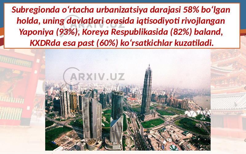 Subregionda o‘rtacha urbanizatsiya darajasi 58% bo‘lgan holda, uning davlatlari orasida iqtisodiyoti rivojlangan Yaponiya (93%), Koreya Respublikasida (82%) baland, KXDRda esa past (60%) ko‘rsatkichlar kuzatiladi. 