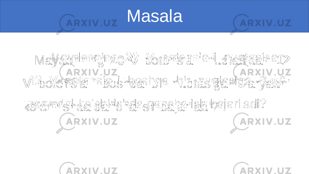 Masala Maydonning 20 V potensialli nuqtasidan 12 V potensialli boshqa bir nuqtasiga zaryadni ko‘chirishda qancha ish bajariladi? • 