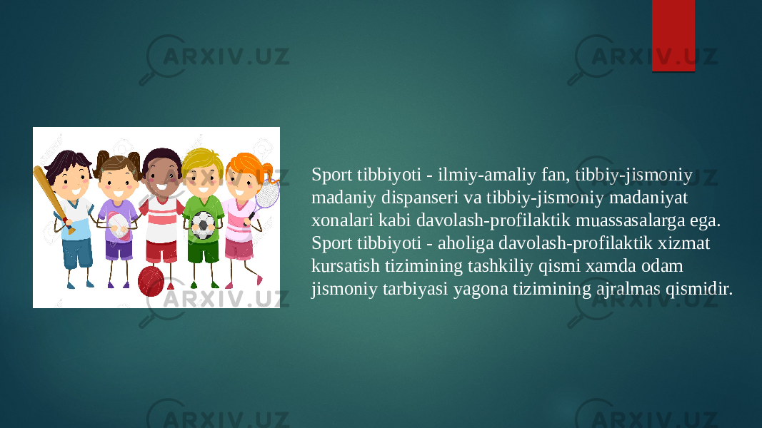 Sport tibbiyoti - ilmiy-amaliy fan, tibbiy-jismoniy madaniy dispansеri va tibbiy-jismoniy madaniyat xonalari kabi davolash-profilaktik muassasalarga ega. Sport tibbiyoti - aholiga davolash-profilaktik xizmat kursatish tizimining tashkiliy qismi xamda odam jismoniy tarbiyasi yagona tizimining ajralmas qismidir. 