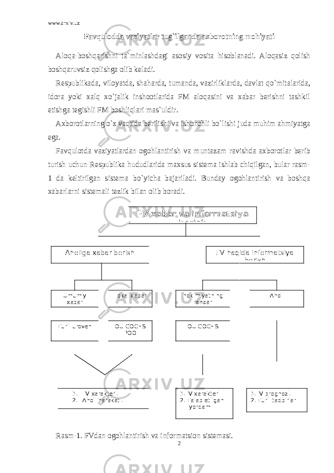 www.arxiv.uz Favqulodda vaziyatlar tug`ilganda axborotning mohiyati Aloqa-boshqarishni ta`minlashdagi asosiy vosita hisoblanadi. Aloqasiz qolish boshqaruvsiz qolishga olib keladi. Respublikada, viloyatda, shaharda, tumanda, vazirliklarda, davlat qo`mitalarida, idora yoki xalq xo`jalik inshootlarida FM aloqasini va xabar berishni tashkil etishga tegishli FM boshliqlari mas`uldir. Axborotlarning o`z vaqtida berilishi va ishonchli bo`lishi juda muhim ahmiyatga ega. Favqulotda vaziyatlardan ogohlantirish va muntazam ravishda axborotlar berib turish uchun Respublika hududlarida maxsus sistema ishlab chiqilgan, bular rasm- 1 da keltirilgan sistema bo`yicha bajariladi. Bunday ogohlantirish va boshqa xabarlarni sistemali tezlik bilan olib boradi. Rasm-1. FVdan ogohlantirish va informatsion sistemasi. 2FV xabar va informatsiya berish Aholiga xabar berish FV haqida informatsiya berish Umumiy xabar Lokal xabar hokimiyatning rahbar Aholi Turli uroven OU GOCHS POO OU GOCHS 1. FV xarakteri. 2. Aholi harakati. 1.FV xarakteri 2. Talab etilgan yordam 1.FV prognozi. 2. Turli tadbirlar 