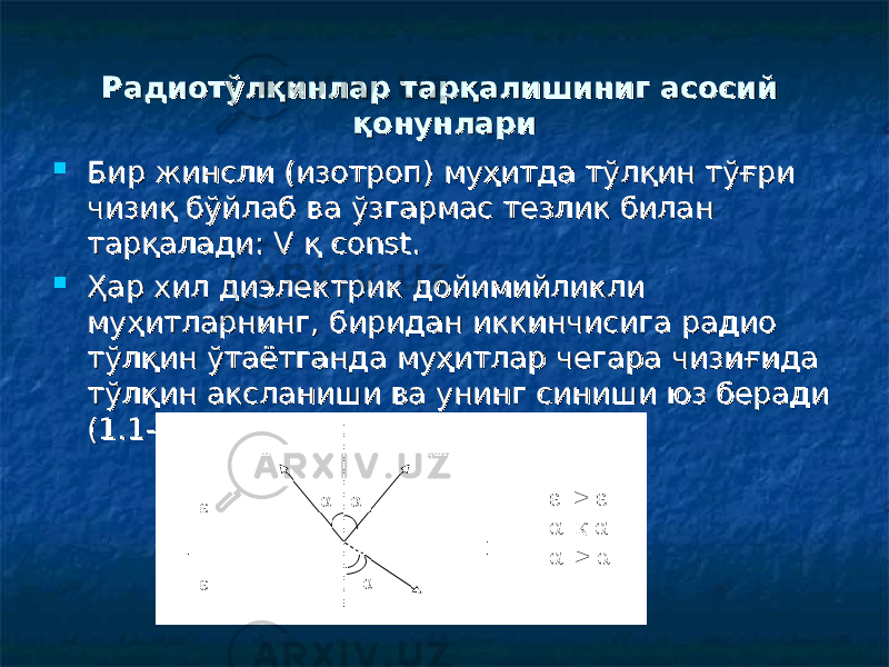 Радиотўлқинлар тарқалишиниг асосий Радиотўлқинлар тарқалишиниг асосий қонунлариқонунлари  Бир жинсли (изотроп) муҳитда тўлқин тўғри Бир жинсли (изотроп) муҳитда тўлқин тўғри чизиқ бўйлаб ва ўзгармас тезлик билан чизиқ бўйлаб ва ўзгармас тезлик билан тарқалади: V қ const.тарқалади: V қ const.  Ҳар хил диэлектрик дойимийликли Ҳар хил диэлектрик дойимийликли муҳитларнинг, биридан иккинчисига радио муҳитларнинг, биридан иккинчисига радио тўлқин ўтаётганда муҳитлар чегара чизиғида тўлқин ўтаётганда муҳитлар чегара чизиғида тўлқин аксланиши ва унинг синиши юз беради тўлқин аксланиши ва унинг синиши юз беради (1.1-расм).(1.1-расм). 