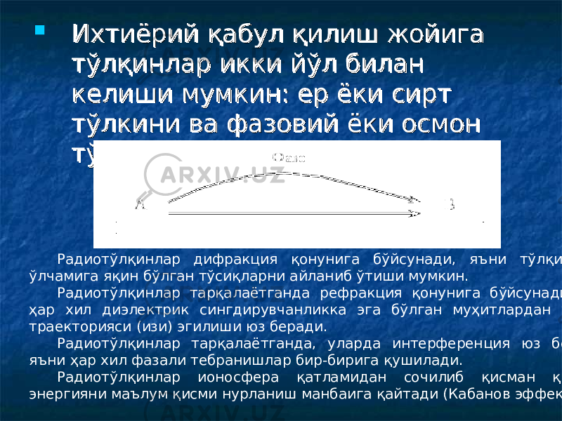  Ихтиёрий қабул қилиш жойига Ихтиёрий қабул қилиш жойига тўлқинлар икки йўл билан тўлқинлар икки йўл билан келиши мумкин: ер ёки сирт келиши мумкин: ер ёки сирт тўлкини ва фазовий ёки осмон тўлкини ва фазовий ёки осмон тўлқини (1.2-расм).тўлқини (1.2-расм). Радиотўлқинлар дифракция қонунига бўйсунади, яъни тўлқин узунликлари ўлчамига яқин бўлган тўсиқларни айланиб ўтиши мумкин. Радиотўлқинлар тарқалаётганда рефракция қонунига бўйсунади, яъни тўлқин ҳар хил диэлектрик сингдирувчанликка эга бўлган муҳитлардан ўтишида унинг траекторияси (изи) эгилиши юз беради. Радиотўлқинлар тарқалаётганда, уларда интерференция юз бериши мумкин, яъни ҳар хил фазали тебранишлар бир-бирига қушилади. Радиотўлқинлар ионосфера қатламидан сочилиб қисман қайтади, бунда энергияни маълум қисми нурланиш манбаига қайтади (Кабанов эффекти). 