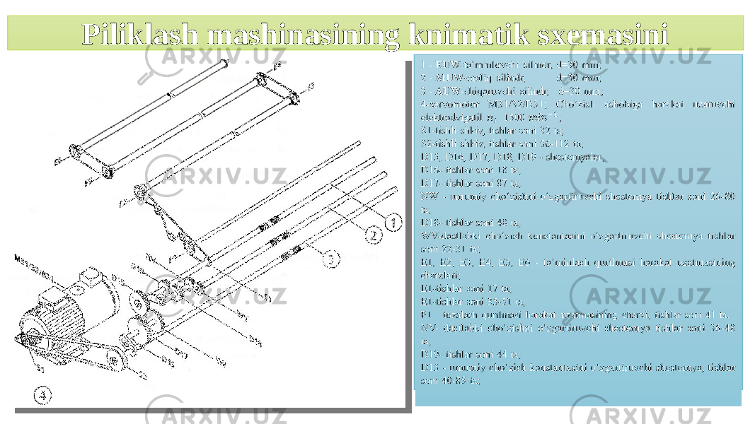 Piliklash mashinasining knimatik sxemasini 1 - EUW -ta’minlovchi silindr, d=30 mm; 2 - MUW -oraliq silindr, d=30 mm; 3 - AUW -chiqaruvchi silindr, d=30 mm; 4-servomotor M31/32/B31; Cho’zish asbobiga harakat uzatuvchi elektrodvigatil =1500 ; S1-tishli shkiv, tishlar soni 32 ta; S2-tishli shkiv, tishlar soni 56-112 ta; D15, D16, D17, D18, D19 - shesternyalar; D16- tishlar soni 18 ta; D17- tishlar soni 87 ta; NW - umumiy cho‘zishni o‘zgartiruvchi shesternya tishlar soni 26-80 ta; D18- tishlar soni 48 ta; WV-dastlabki cho‘zish konstantasini o‘zgartiruvchi shesternya tishlar soni 22-31 ta; E1, E2, E3, E4, E5, E6 - ta’minlash qurilmasi harakat uzatmasining charxlari; E1-tishlar soni 17 ta; E1-tishlar soni 35-51 ta; P1 – tozalash qurilmasi harakat uzatmasining charxi, tishlar soni 41 ta. NV- dastlabki cho‘zishni o‘zgartiruvchi shesternya tishlar soni 36-48 ta; D19- tishlar soni 44 ta; D15 - umumiy cho‘zish konstantasini o‘zgartiruvchi shesternya, tishlar soni 40-85 ta;  