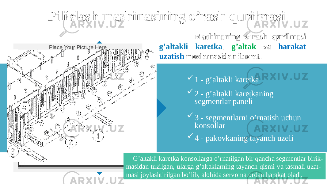  1 - g’altakli karetka  2 - g’altakli karetkaning segmentlar paneli  4 - pakovkaning tayanch uzeli  3 - segmentlarni o’rnatish uchun konsollarPiliklash mashinasining o’rash qurilmasi Place Your Picture Here Mashinaning o’rash qurilmasi g’altakli karetka , g’altak va harakat uzatish moslamasidan iborat. G’altakli karetka konsollarga o’rnatilgan bir qancha segmentlar birik- masidan tuzilgan, ularga g’altaklarning tayanch qismi va tasmali uzat- masi joylashtirilgan bo’lib, alohida servomatordan harakat oladi. 