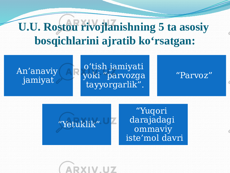 U.U. Rostou rivojlanishning 5 ta asosiy bosqichlarini ajratib ko‘rsatgan: An’anaviy jamiyat o‘tish jamiyati yoki “parvozga tayyorgarlik”. “ Parvoz” “ Yetuklik” “ Yuqori darajadagi ommaviy iste’mol davri 