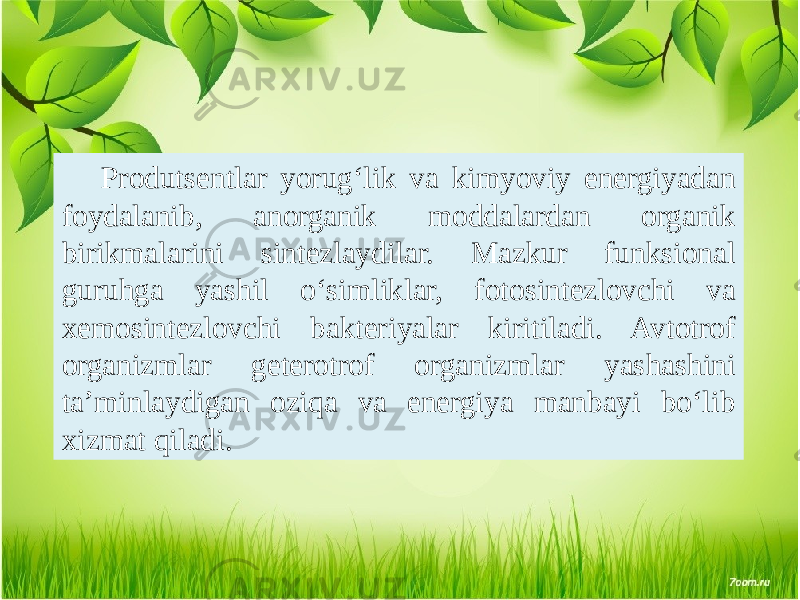 Produtsentlar yorug‘lik va kimyoviy energiyadan foydalanib, anorganik moddalardan organik birikmalarini sintezlaydilar. Mazkur funksional guruhga yashil o‘simliklar, fotosintezlovchi va xemosintezlovchi bakteriyalar kiritiladi. Avtotrof organizmlar geterotrof organizmlar yashashini ta’minlaydigan oziqa va energiya manbayi bo‘lib xizmat qiladi. 