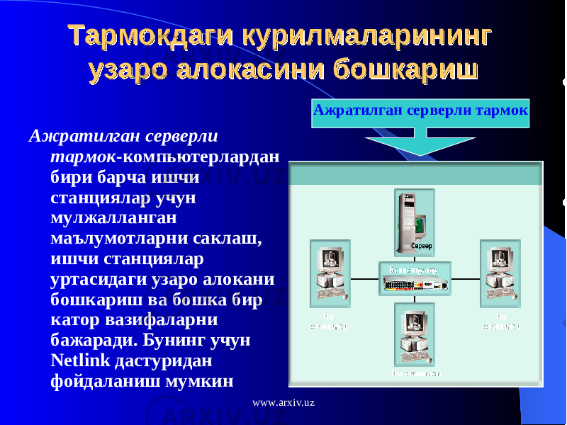 Тармокдаги курилмаларининг Тармокдаги курилмаларининг узаро алокасини бошкаришузаро алокасини бошкариш Ажратилган серверли тармок- компьютерлардан бири барча ишчи станциялар учун мулжалланган маълумотларни саклаш, ишчи станциялар уртасидаги узаро алокани бошкариш ва бошка бир катор вазифаларни бажаради. Бунинг учун Netlink дастуридан фойдаланиш мумкин Ажратилган серверли тармок www.arxiv.uz 