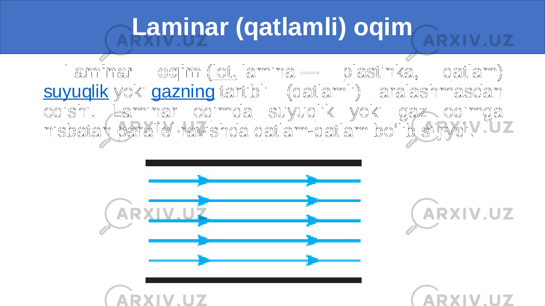 Laminar (qatlamli) oqim Laminar oqim  ( lot.  lamina — plastinka, qatlam) suyuqlik  yoki  gazning  tartibli (qatlamli) aralashmasdan oqishi. Laminar oqimda suyuqlik yoki gaz oqimga nisbatan parallel ravishda qatlam-qatlam boʻlib siljiydi. 