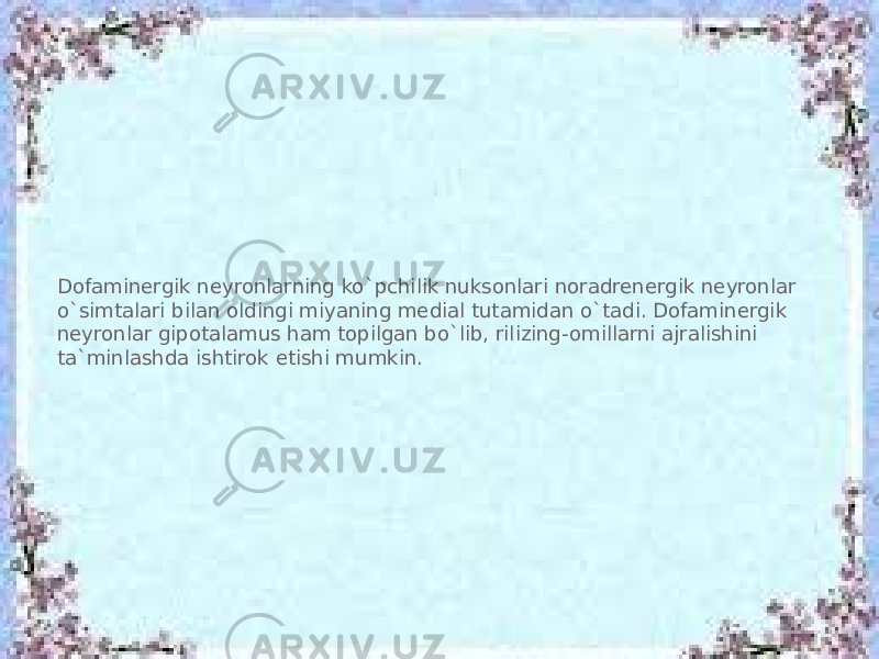 Dofaminergik neyronlarning ko`pchilik nuksonlari noradrenergik neyronlar o`simtalari bilan oldingi miyaning medial tutamidan o`tadi. Dofaminergik neyronlar gipotalamus ham topilgan bo`lib, rilizing-omillarni ajralishini ta`minlashda ishtirok etishi mumkin. 