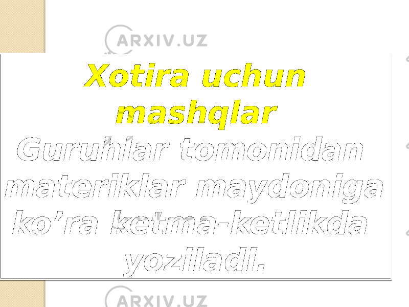 Xotira uchun mashqlar Guruhlar tomonidan materiklar maydoniga ko’ra ketma-ketlikda yoziladi. 01 0C 100805080A0F06 0C 13 140218 