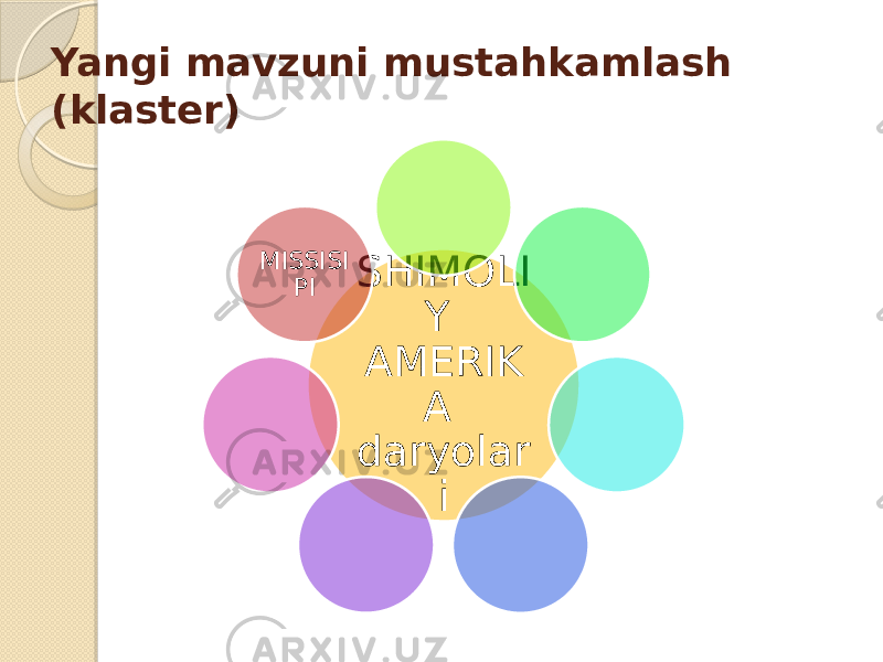 Yangi mavzuni mustahkamlash (klaster) SHIMOLI Y AMERIK A daryolar iMISSISI PI 