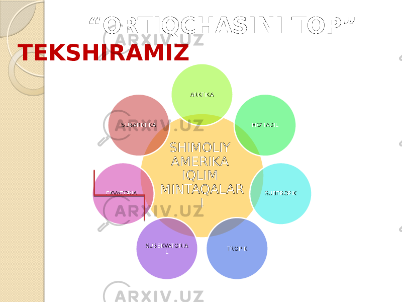  “ ORTIQCHASINI TOP” TEKSHIRAMIZ SHIMOLIY AMERIKA IQLIM MINTAQALAR IARKTIKA MO’TADIL SUBTROPIK TROPIKSUBEKVATORIA LEKVATORIAL SUBARKTIKA 