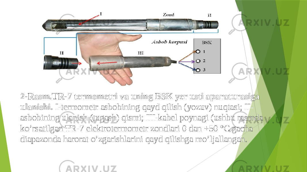 2-Rasm.TR-7 termometri va uning BSK yer usti aparaturasiga ulanishi. I-termometr asbobining qayd qilish (yozuv) nuqtasi; II- asbobining ulanish (tugash) qismi; III-kabel poynagi (ushbu rasmda ko’rsatilgan TR-7 elektrotermometr zondlari 0 dan +50 °C gacha diapazonda harorat o’zgarishlarini qayd qilishga mo’ljallangan. 