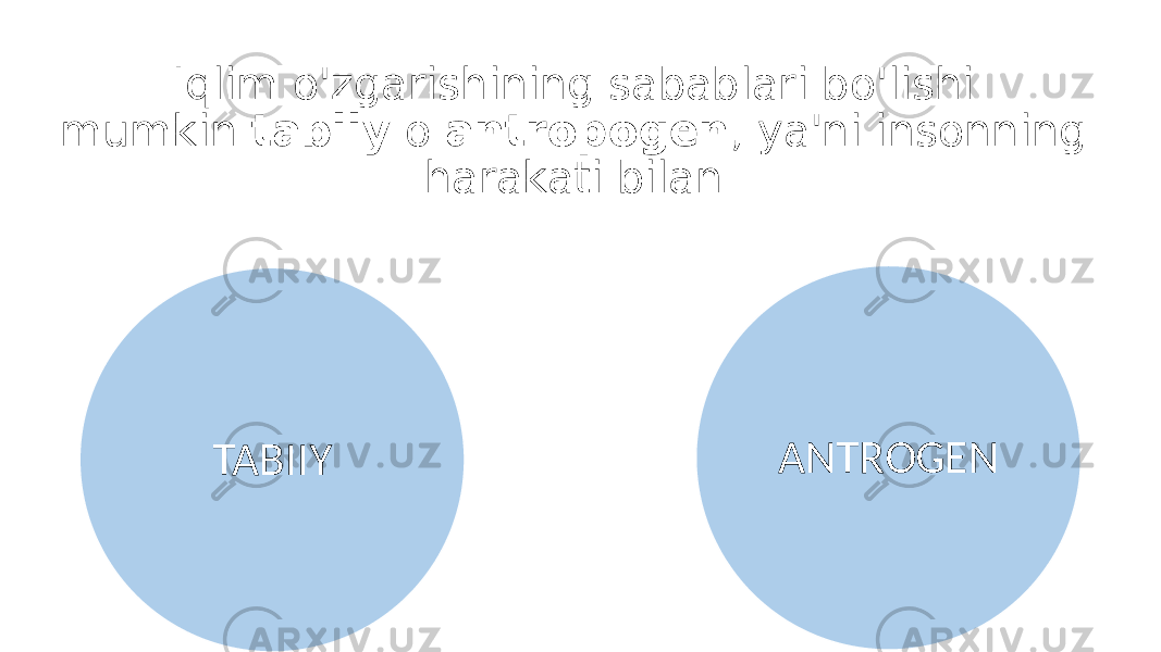 TABIIY ANTROGENIqlim o&#39;zgarishining sabablari bo&#39;lishi mumkin  tabiiy  o  antropogen , ya&#39;ni insonning harakati bilan. 