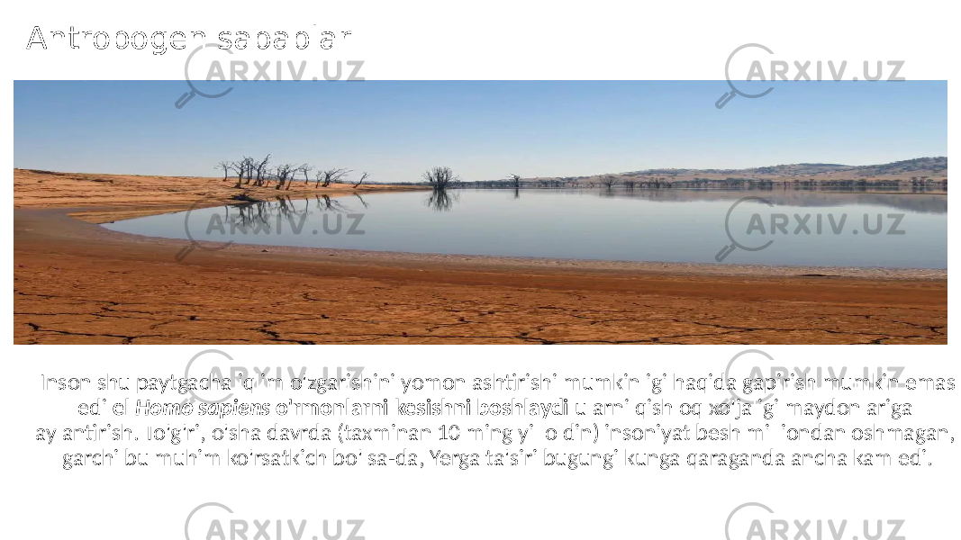 Antropogen sabablar Inson shu paytgacha iqlim o&#39;zgarishini yomonlashtirishi mumkinligi haqida gapirish mumkin emas edi el Homo sapiens o&#39;rmonlarni kesishni boshlaydi ularni qishloq xo&#39;jaligi maydonlariga aylantirish. To&#39;g&#39;ri, o&#39;sha davrda (taxminan 10 ming yil oldin) insoniyat besh milliondan oshmagan, garchi bu muhim ko&#39;rsatkich bo&#39;lsa-da, Yerga ta&#39;siri bugungi kunga qaraganda ancha kam edi. 