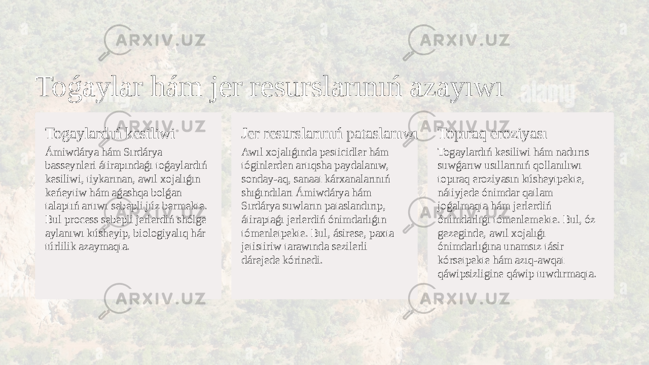 Toǵaylar hám jer resurslarınıń azayıwı Togaylardıń kesiliwi Ámiwdárya hám Sırdárya basseynleri átirapındaǵı toǵaylardıń kesiliwi, tiykarınan, awıl xojalıǵın keńeytiw hám aǵashqa bolǵan talaptıń artıwı sebepli júz bermekte. Bul process sebepli jerlerdiń shólge aylanıwı kúsheyip, biologiyalıq hár túrlilik azaymaqta. Jer resurslarınıń pataslanıwı Awıl xojalıǵında pesticidler hám tóginlerden artıqsha paydalanıw, sonday-aq, sanaat kárxanalarınıń shıǵındıları Ámiwdárya hám Sırdárya suwların pataslandırıp, átiraptaǵı jerlerdiń ónimdarlıǵın tómenletpekte. Bul, ásirese, paxta jetistiriw tarawında sezilerli dárejede kórinedi. Topıraq eroziyası Togaylardıń kesiliwi hám nadurıs suwǵarıw usıllarınıń qollanılıwı topıraq eroziyasın kúsheytpekte, nátiyjede ónimdar qatlam joǵalmaqta hám jerlerdiń ónimdarlıǵı tómenlemekte. Bul, óz gezeginde, awıl xojalıǵı ónimdarlıǵına unamsız tásir kórsetpekte hám azıq-awqat qáwipsizligine qáwip tuwdırmaqta. 