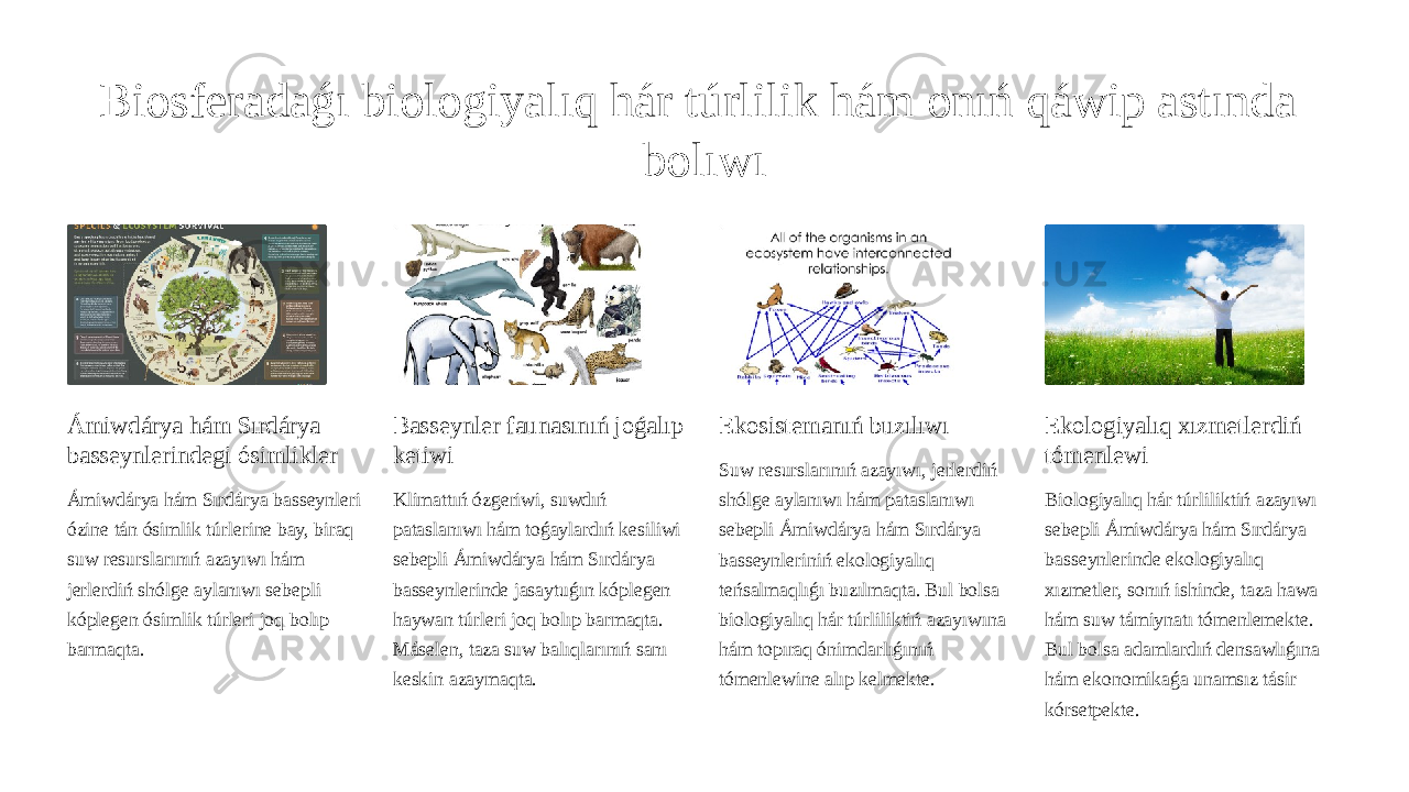 Biosferadaǵı biologiyalıq hár túrlilik hám onıń qáwip astında bolıwı Ámiwdárya hám Sırdárya basseynlerindegi ósimlikler Ámiwdárya hám Sırdárya basseynleri ózine tán ósimlik túrlerine bay, biraq suw resurslarınıń azayıwı hám jerlerdiń shólge aylanıwı sebepli kóplegen ósimlik túrleri joq bolıp barmaqta. Basseynler faunasınıń joǵalıp ketiwi Klimattıń ózgeriwi, suwdıń pataslanıwı hám toǵaylardıń kesiliwi sebepli Ámiwdárya hám Sırdárya basseynlerinde jasaytuǵın kóplegen haywan túrleri joq bolıp barmaqta. Máselen, taza suw balıqlarınıń sanı keskin azaymaqta. Ekosistemanıń buzılıwı Suw resurslarınıń azayıwı, jerlerdiń shólge aylanıwı hám pataslanıwı sebepli Ámiwdárya hám Sırdárya basseynleriniń ekologiyalıq teńsalmaqlıǵı buzılmaqta. Bul bolsa biologiyalıq hár túrliliktiń azayıwına hám topıraq ónimdarlıǵınıń tómenlewine alıp kelmekte. Ekologiyalıq xızmetlerdiń tómenlewi Biologiyalıq hár túrliliktiń azayıwı sebepli Ámiwdárya hám Sırdárya basseynlerinde ekologiyalıq xızmetler, sonıń ishinde, taza hawa hám suw támiynatı tómenlemekte. Bul bolsa adamlardıń densawlıǵına hám ekonomikaǵa unamsız tásir kórsetpekte. 