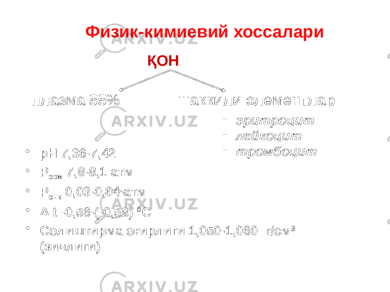 Физик-кимиевий хоссалари • рН 7,36-7,42 • Р осм 7,8-8,1 атм • Р онк 0,03-0,04 атм • Δ t -0,56-(-0,58) °С • Солиштирма оғирлиги 1,050-1,060 г/см 3 (зичлиги) ҚОН плазма 55% шаккили элементлар - эритроцит - лейкоцит - тромбоцит 