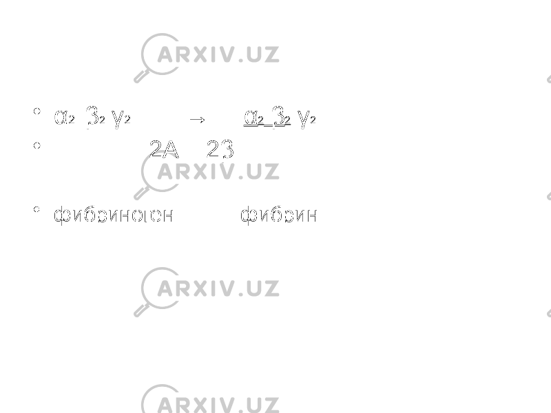 • α 2 β 2 γ 2 → α 2 β 2 γ 2 • 2А 2β • фибриноген фибрин 