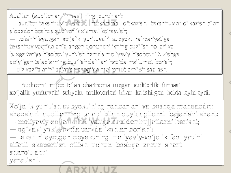 Auditor (auditorlar firmasi) ning burchlari: — auditor tekshiruvini sifatli, mukammal o‘tkazish, tekshiruvlar o‘lkazish bilan aloqador boshqa auditorlik xizmati ko‘rsatish; — tekshirilayotgan xo&#39;jalik yurituvchi subyekt rahbariyatiga tekshiruv vaqtida aniqlangan qonunchilikning buzilish hollari va buxgalteriya hisoboti yuritish hamda moliyaviy hisobotni tuzishga qo‘yilgan talablarning buzilish dalillari haqida ma’lumot berish; — o‘z vazifalarini bajarish chog‘ida ma’lumotlarni sir saqlash . Auditorni mijoz bilan shartnoma tuzgan auditorlik firmasi xo‘jalik yurituvchi subyekt mulkdorlari bilan kelishilgan holda tayinlaydi. Xo‘jalik yuritish subyektining rahbarlari va boshqa mansabdor shaxslari auditorning talabi bilan quyidagilarni bajarishi shart: — moliyaviy-xo‘jaiik faoliyatiga daxldor hujjatlarni berishi; — og‘zaki yoki yozma tarzda izohlar berishi; — tekshirilayotgan obyektning moliyaviy-xo‘jalik faoliyatini sifatli ekspertiza qilish uchun boshqa zarur shart- sharoitlarni yaratishi. 