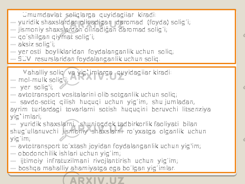 Umumdavlat soliqlarga quyidagiiar kiradi: — yuridik shaxslardan olinadigan daromad (foyda) solig‘i; — jismoniy shaxslardan olinadigan daromad solig‘i; — qo‘shilgan qiymat solig‘i; — aksiz solig‘i; — yer osti boyliklaridan foydalanganlik uchun soliq; — SUV resurslaridan foydalanganlik uchun soliq. Mahalliy soliq va yig`imlarga quyidagiiar kiradi: — mol-mulk solig‘i; — yer solig&#39;i; — avtotransport vositalarini olib sotganlik uchun soliq; — savdo-sotiq qilish huquqi uchun yig‘im, shu jumladan, ayrim turlardagi tovarlarni sotish huquqini beruvchi litsenziya yig`imlari; — yuridik shaxslarni, shuningdek tadbirkorlik faoliyati bilan shug‘ullanuvchi jismoniy shaxslarni ro‘yxatga olganlik uchun yig‘im; — avtotransport to‘xtash joyidan foydalanganlik uchun yig&#39;im; — obodonchilik ishlari uchun yig‘im; — ijtimoiy infratuzilmani rivojlantirish uchun yig‘im; — boshqa mahalliy ahamiyatga ega bo‘lgan yig‘imlar. 