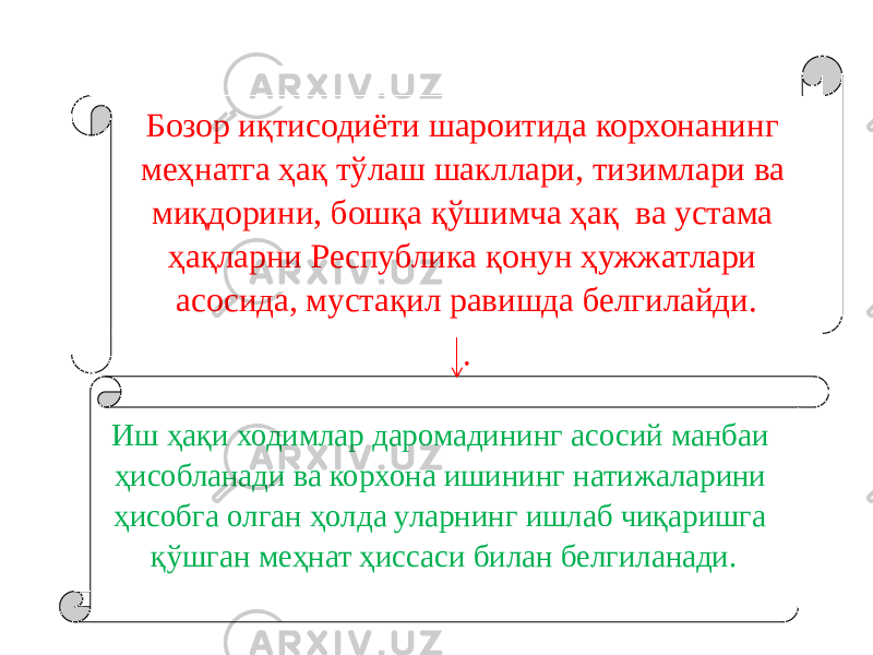 Бозор иқтисодиёти шароитида корхонанинг меҳнатга ҳақ тўлаш шакллари, тизимлари ва миқдорини, бошқа қўшимча ҳақ ва устама ҳақларни Республика қонун ҳужжатлари асосида, мустақил равишда белгилайди. . Иш ҳақи ходимлар даромадининг асосий манбаи ҳисобланади ва корхона ишининг натижаларини ҳисобга олган ҳолда уларнинг ишлаб чиқаришга қўшган меҳнат ҳиссаси билан белгиланади. 