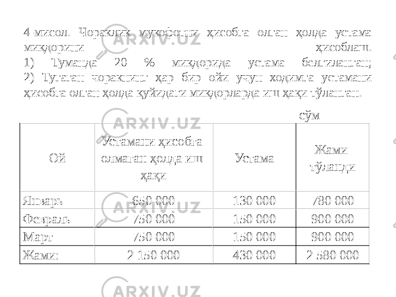 4-мисол. Чораклик мукофотни ҳисобга олган ҳолда устама миқдорини ҳисоблаш. 1) Туманда 20 % миқдорида устама белгиланган; 2) Тугаган чоракнинг ҳар бир ойи учун ходимга устамани ҳисобга олган ҳолда қуйидаги миқдорларда иш ҳақи тўланган. сўм Ой Устамани ҳисобга олмаган ҳолда иш ҳақи Устама Жами тўланди Январь 650 000 130 000 780 000 Февраль 750 000 150 000 900 000 Март 750 000 150 000 900 000 Жами: 2 150 000 430 000 2 580 000 