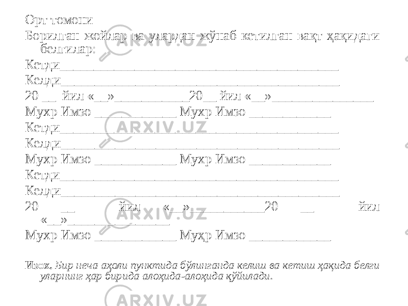 Орт томони Борилган жойлар ва улардан жўнаб кетилган вақт ҳақидаги белгилар: Кетди_________________________________________ Келди_________________________________________ 20 __ йил «__»___________20__ йил «__»_______________ Мухр Имзо ____________ Мухр Имзо ____________ Кетди_________________________________________ Келди_________________________________________ Мухр Имзо ____________ Мухр Имзо ____________ Кетди_________________________________________ Келди_________________________________________ 20 __ йил «__»___________20 __ йил «__»_______________ Мухр Имзо ____________ Муҳр Имзо ____________ Изох. Бир неча аҳоли пунктида бўлинганда келиш ва кетиш ҳақида белги уларнинг ҳар бирида алоҳида-алоҳида қўйилади. 