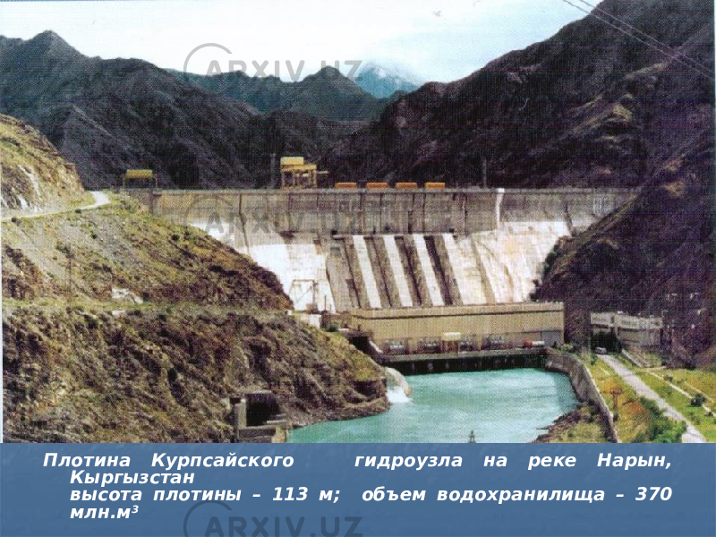 Плотина Курпсайского гидроузла на реке Нарын, Кыргызстан высота плотины – 113 м; объем водохранилища – 370 млн.м 3 