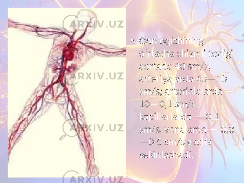 • Qon oqishining o‘rtacha chiziqli tezligi aortada 40 sm/s, arteriyalarda 40—10 sm/s; arteriolalarda — 10—0,1 sm/s, kapillarlarda — 0,1 sm/s, venalarda — 0,3 —0,5 sm/s gacha sekinlashadi. 