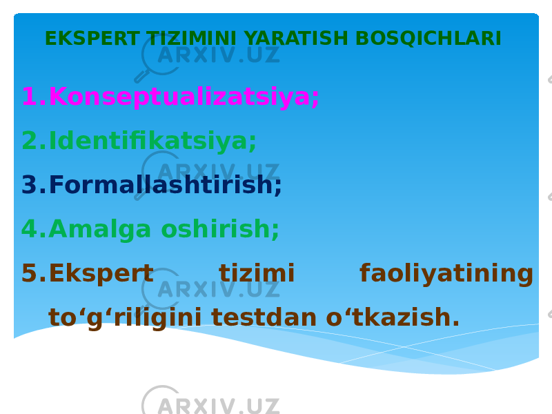 1. Konseptualizatsiya; 2. Identifikatsiya; 3. Formallashtirish; 4. Amalga oshirish; 5. Ekspert tizimi faoliyatining to‘g‘riligini testdan o‘tkazish.EKSPERT TIZIMINI YARATISH BOSQICHLARI 