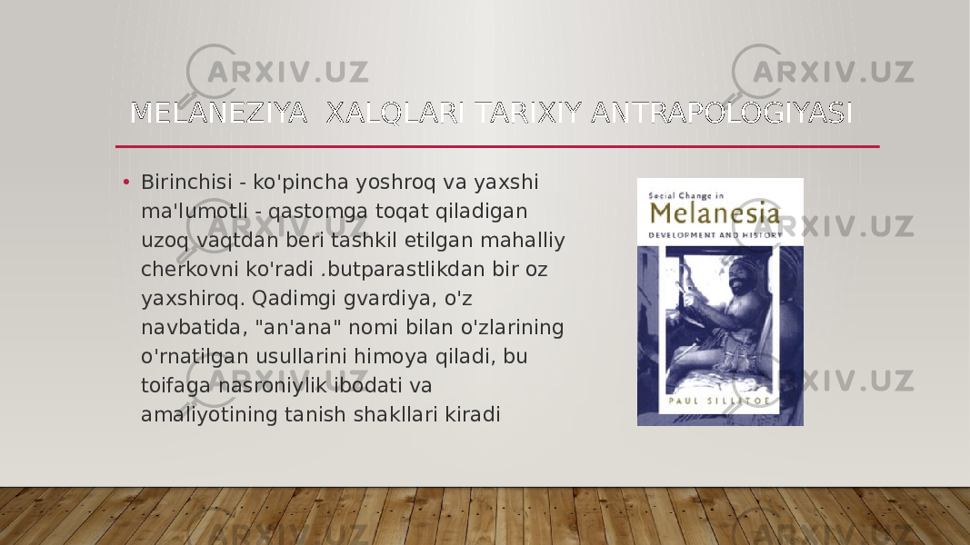 MELANEZIYA XALQLARI TARIXIY ANTRAPOLOGIYASI • Birinchisi - ko&#39;pincha yoshroq va yaxshi ma&#39;lumotli - qastomga toqat qiladigan uzoq vaqtdan beri tashkil etilgan mahalliy cherkovni ko&#39;radi  . butparastlikdan bir oz yaxshiroq. Qadimgi gvardiya, o&#39;z navbatida, &#34;an&#39;ana&#34; nomi bilan o&#39;zlarining o&#39;rnatilgan usullarini himoya qiladi, bu toifaga nasroniylik ibodati va amaliyotining tanish shakllari kiradi  