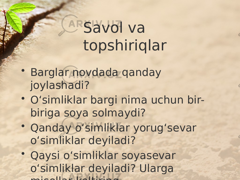 Savol va topshiriqlar • Barglar novdada qanday joylashadi? • O‘simliklar bargi nima uchun bir- biriga soya solmaydi? • Qanday o‘simliklar yorug‘sevar o‘simliklar deyiladi? • Qaysi o‘simliklar soyasevar o‘simliklar deyiladi? Ularga misollar keltiring. 