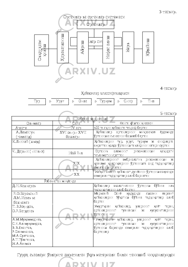 3-тасвир. Органлар ва органлар системаси 4-тасвир Ҳайвонлар классификацияси 5-тасвир Зоология фанининг ривожланиш тарихи Жаҳон миқиёсида Олимлар Сана Фанга қўшган ҳиссаси Арасту IV аср 500 га яқин ҳайвонга таъриф берган А.Левенгук (голланд) XVI охири-Х VII бошлари Ҳайвонлар органларини микроскоп ёрдамида ўрганиш анъанасини бошлаб берган К.Линней (швед) Ҳайвонларни тур, уруғ, туркум ва синфларга ажратган ҳолда ўрганиш таклифини илгари сурган Ч. Дарвин ( инглиз) 1859 йил Органик оламнинг ривожланиши ҳақидаги таълимотни яратган XIX Ҳайвонларнинг эмбриологик ривожланиши ва қазилма қолдиқларини ўрганишга оид тадқиқотлар амалга оширилган XX Жаҳон океани ҳайвонот дунёсини ўрганиш соҳасида самарали тадқиқотлар олиб борилган Ўзбекистон миқёсида Д.Н.Кашкаров Ҳайвонлар экологиясини ўрганиш бўйича илк тадқиқотларни олиб борган Р.Ф.Боровский Л.М.Исаев ва бошқалар Марказий Осиё ҳудудида яшовчи паразит ҳайвонларни йўқотиш бўйича тадқиқотлар олиб борган Т. 3.3оҳидов, О.Р.Богданов Умуртқали ҳайвонлар, уларнинг ҳаёт тарзи, органларининг тузилиши ва хусусиятларини ўрганган А.М.Муҳаммадиев, С.Н.Алимуҳамедов, В.В.Яхонтов, Р.Олимжонов, М.А.Султонов, А.Т.Тўлаганов, Ж.А.Азимов Умуртқасиз ҳайвонлар, уларнинг ҳаёт тарзи, органларининг тузилиши ва хусусиятларини ўрганиш борасида самарали тадқиқотларни олиб борганлар Гуруҳ аъзолари ўзларига ажратилган ўқув материали билан танишиб чиққанлариданОрганлар Органлар ситемасиО вқат ҳазм қилиш Ҳ аракатланиш А йриш Н афас олиш Н ерв Кўпайиш Тур Уруғ Оила Туркум Синф Тип 